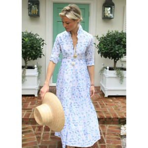 Julia India Amory JA Shirt Dress Maxi Button Down Cotton Blue Floral Block Print